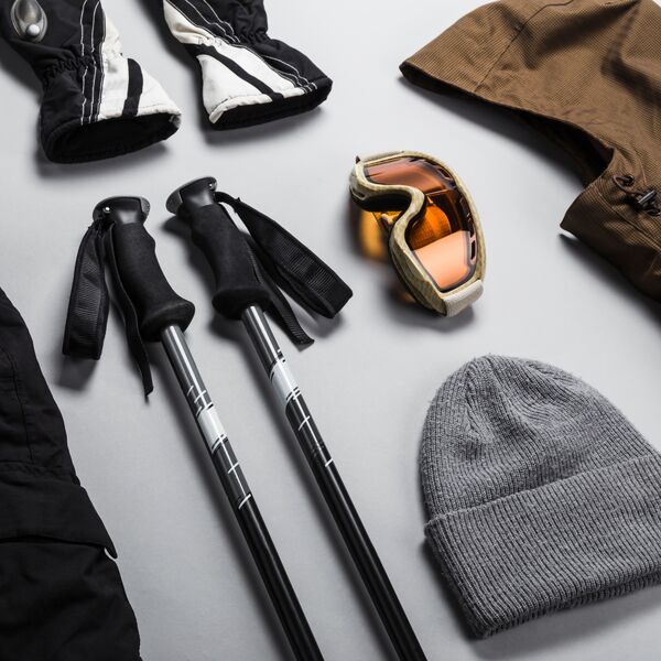 Selection of winter sports clothes and equipment,