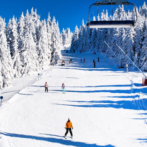 Ski resort, slope, ski lift, skiers