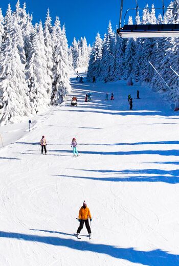 Ski resort, slope, ski lift, skiers