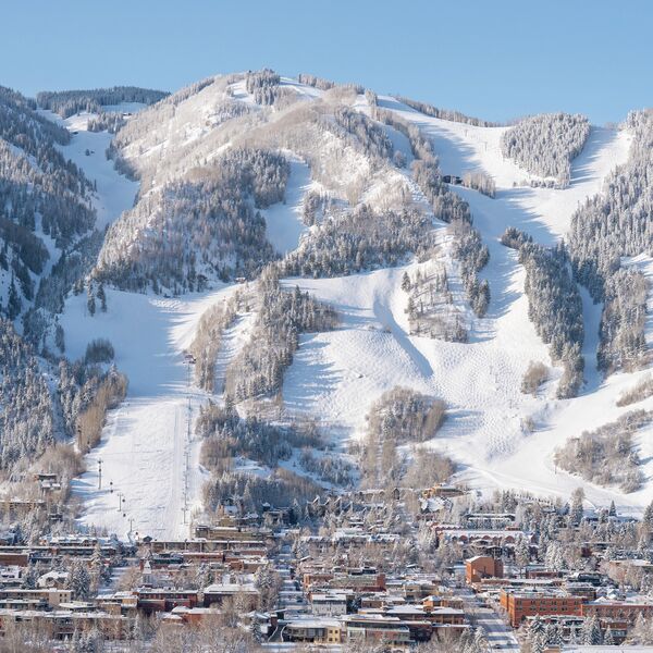 Aspen Mountain and downtown on a bluebird powder day including Silver Queen Gondola and The Little Nell exterior 