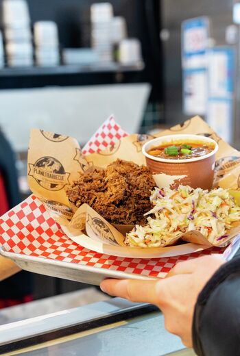  Planet BBQ (Planet Barbeque) at Two Creeks Restaurant, pulled pork, employees, server 