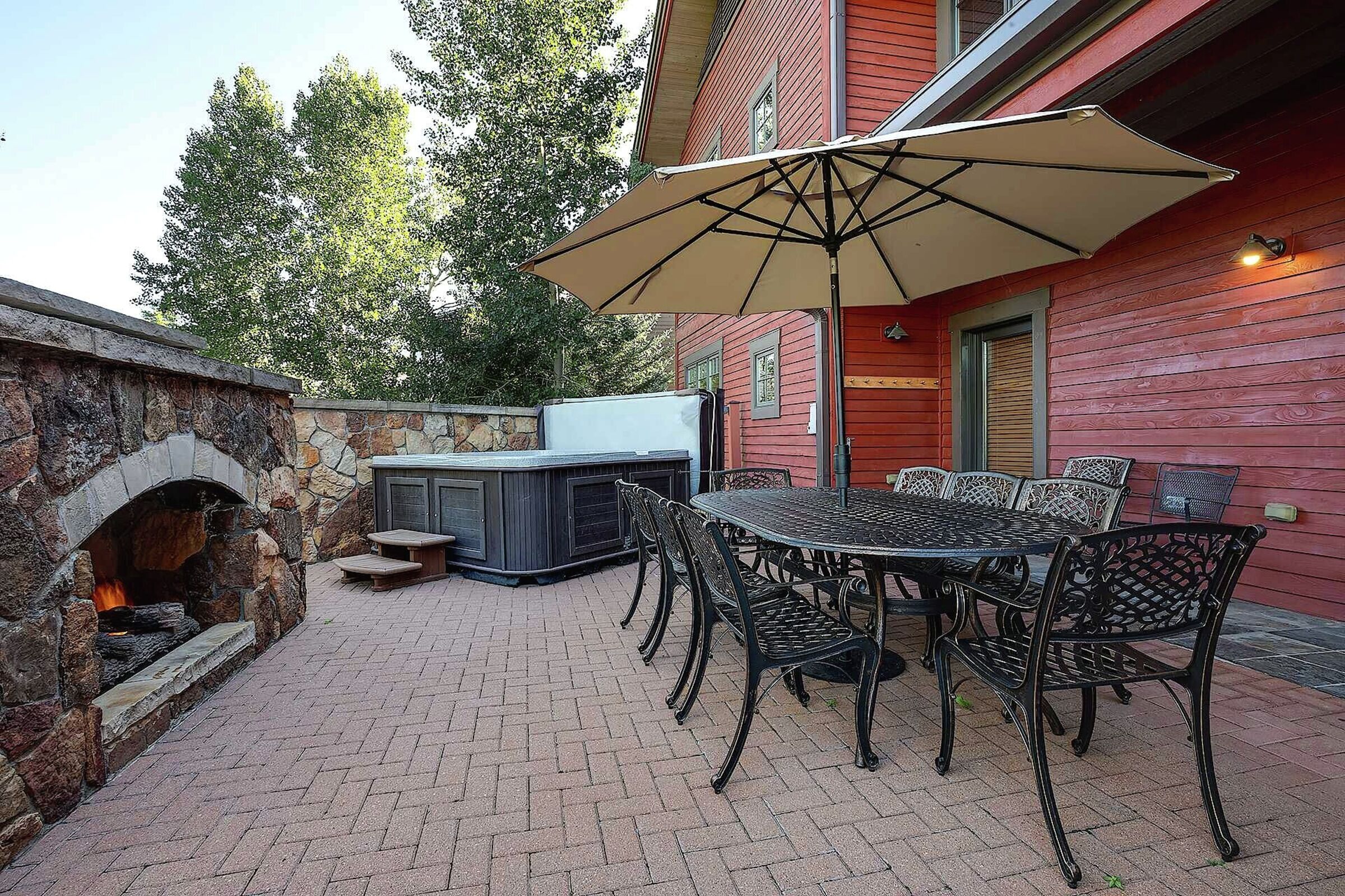 Patio with Hot Tub & Outdoor Fireplace