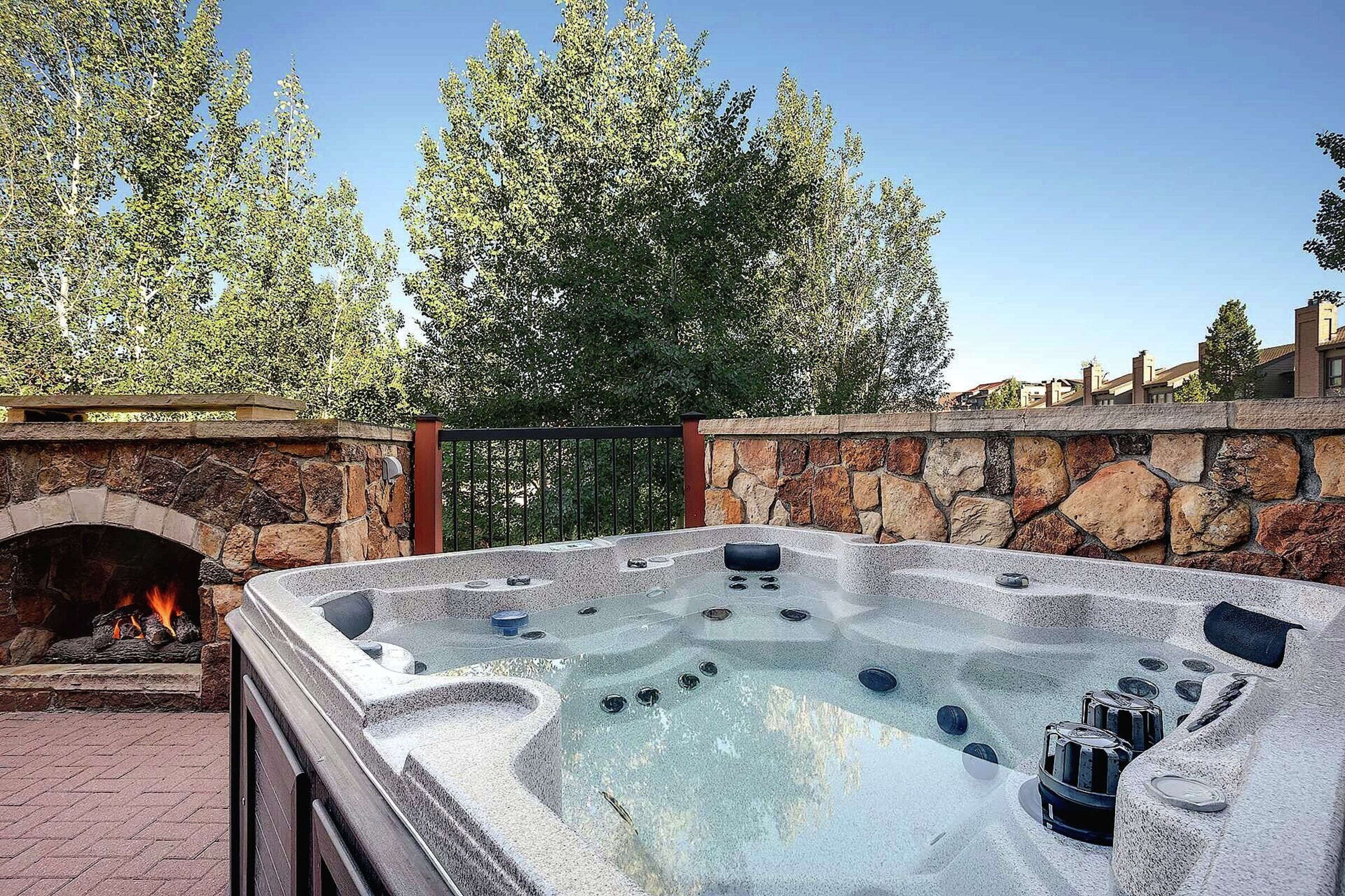 Patio with Hot Tub & Outdoor Fireplace