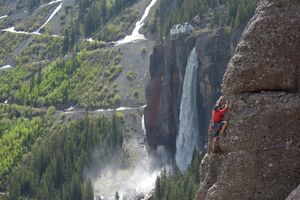 Rock Climbing with a view of Bridal Falls
